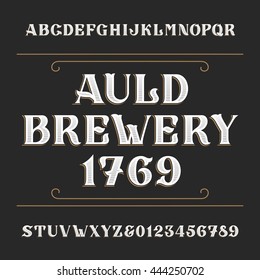 Hand drawn alphabet vector font. Type letters and numbers. Vintage vector typeface for labels, headlines, posters etc.