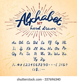 Hand drawn Alphabet. Vector Ink lettering font. Typographic, Letters, Numbers, Symbols on Paper texture. Trendy Hipster Sunburst Design Elements