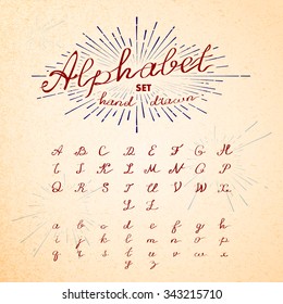 Hand drawn Alphabet. Vector Ink lettering font. Typographic, Letters, Numbers, Symbols on Paper texture. Trendy Hipster Sunburst Design Elements