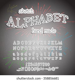 Hand drawn Alphabet. Vector Ink lettering font. Typographic, Letters, Numbers, Symbols on Paper texture. Trendy Hipster Sunburst Design Elements