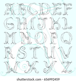 Hand drawn alphabet. Vector uppercase letters for logo design, monogram, tattoo, wedding.