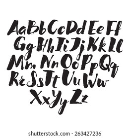 Hand drawn alphabet written with brush pen. V letter is missed here.