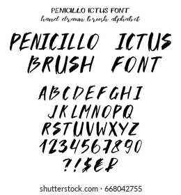 Hand drawn alphabet, written brush font imitating brush strokes: capital latin letters, numbers, some punctuation and signs of currency. Vector illustration
