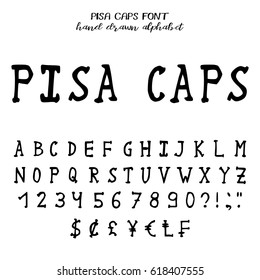 Hand drawn alphabet, written grunge font with serifs: black capital letters, numbers, punctuation and signs of currency. Vector illustration