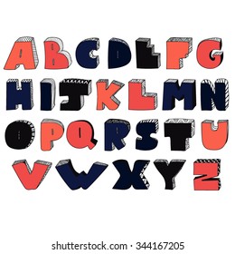 Hand drawn alphabet from A to Z in caps. Graffiti style. Three dimensional letters with doodle textures. 