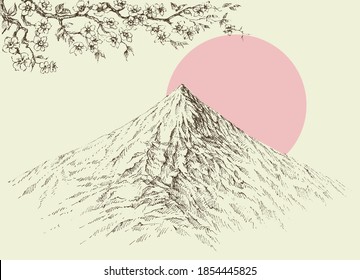 Hand drawn alpine landscape with a cherry tree branch in the foreground