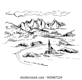 Hand drawn alpine village. Landscape with mountains, trees, clouds, countryside. Vector sketch illustration on white background.