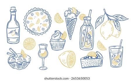 Hand drawn Amalfi Italian lemon drink and dessert vector illustration. Set of lemons, lemoncello, lemonade, gelato, ice cream, cheesecake, pie in doodle style. 