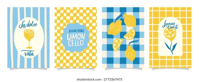 Hand drawn Amalfi lemon poster set with La Dolce Vita cocktails, homemade limoncello, checkered tablecloths and Lemon Coast typography, rustic Mediterranean summer cards for kitchen decor, travel