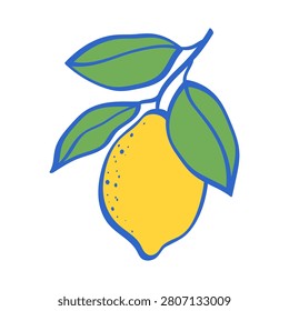 Hand drawn Amalfi lemon with three green leaves and textured citrus peel. Mediterranean inspired vector illustration in a fresh decorative Italian style with clean outlines and vibrant colors.