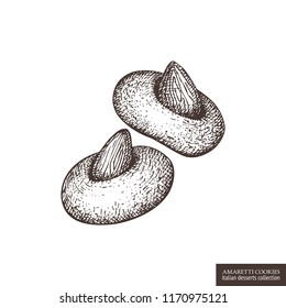 Hand drawn amaretti biscuits illustration. Vector drawing of italian desserts - almond cookies on white background. Vintage food sketch for cafe or restaurant menu design. 
