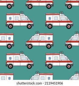 Hand drawn ambulance cars seamless vector pattern. Perfect for textile, wallpaper or print design. 