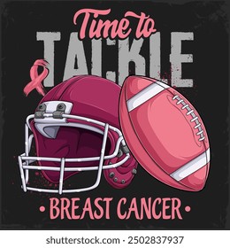 Hand drawn Amercian football ball and helmet with pink ribbon time to tackle breast cancer awareness