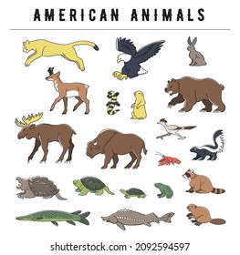 hand drawn American animals illustration set