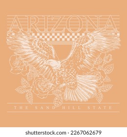 HAND DRAWN AMERICAN ARIZONA STATE EAGLE BIRD ROSES TOURIST DESTINATION TSHIRT TEE PRINT FOR APPAREL MERCHANDISE