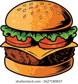 hand drawn american beef burger with tomato cheese and sesame buns