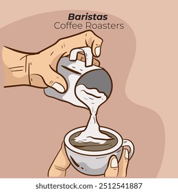 Hand drawn American Coffee Bartender pouring creamer into coffee illustration