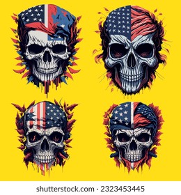 Hand drawn American flag face evil death skull In the center tshirt design in the style of Studio Ghibli 3D vector