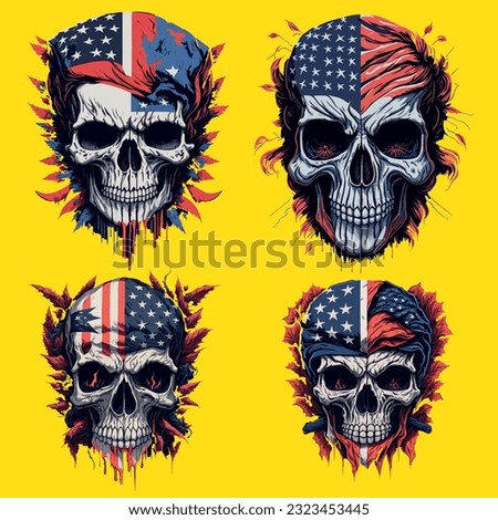Hand drawn American flag face evil death skull In the center tshirt design in the style of Studio Ghibli 3D vector