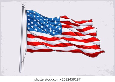 Hand drawn American flag flying high celebrating 4th of July, waving united states flag in the air honoring veterans day