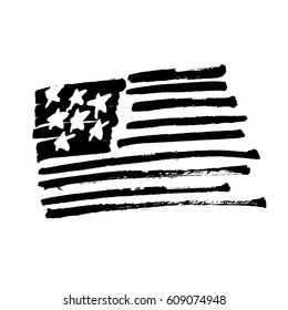 Hand drawn American flag "Stars and stripes" monochrome Illustration. Painted by Brush. Black symbol isolated on white.