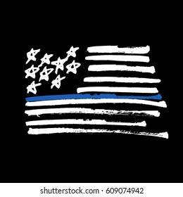 Hand drawn American flag "Thin blue line" monochrome Illustration. Painted by Brush. Isolated on black.