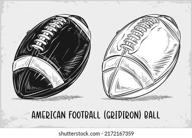 Hand drawn American football ball sketch isolated on white background, vintage etching drawing