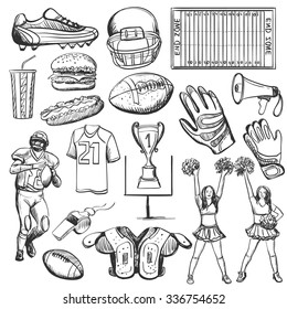 Hand drawn American Football elements with equipment such as helmet, cup, shape, ball, cheerleaders, player, sneakers. Sport background