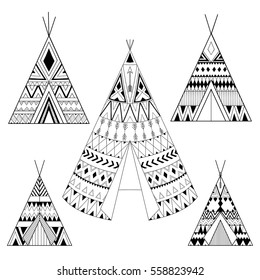 Hand drawn American native five wigwam set with ethnic ornamental elements. Teepee boho designs. Monochrome yurt, indian home vector illustration in zentangle style.