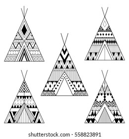 Hand drawn American native wigwams set with ethnic ornamental elements. Teepee boho designs. Monochrome yurt, indian home vector illustration.