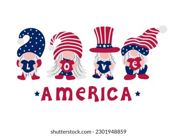 Hand drawn american patriotic gnomes holding hearts with love text.  Happy Independence day. 4th of July Day. Vector illustration for greeting card, t shirt printing