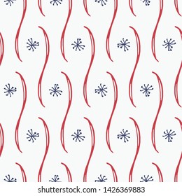 Hand drawn Americana seamless pattern in red, white and blue. Perfect, fun background for any patriotic American holiday. Quirky hand drawn doodle design, great for textiles, paper and party decor.