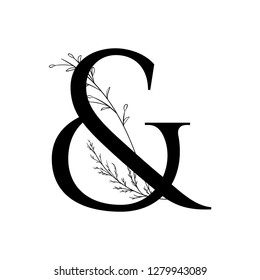 Hand drawn ampersand monogram or logo. Vector ampersand with floral and branch elements.