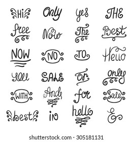 Hand drawn ampersands, catchwords and common used acronyms set. Vector design elements no, yes, sale, best, only you, free, now ,hi,for, to, and, with, in, the, or.