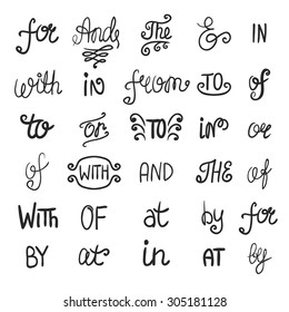 Hand drawn ampersands and catchwords set. Vector design elements  the, of, with, by, and, from, at, to, for, or,in