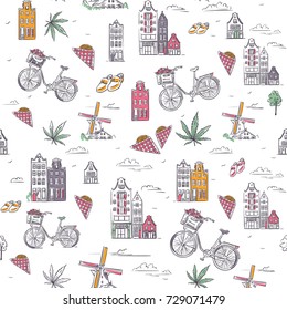 Hand drawn Amsterdam background. Netherlands symbols seamless  pattern. Sketchy style vector illustration.