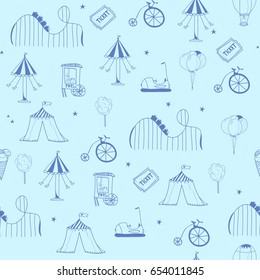Hand drawn amusement park elements. Graphic vector seamless pattern. Blue background, dark blue elements