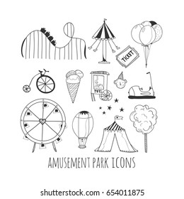 Hand drawn amusement park elements. Black graphic vector set