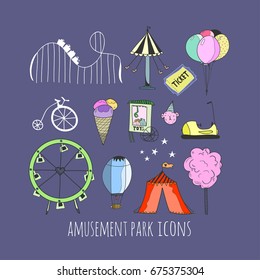 Hand drawn amusement park elements. Colored graphic vector set. Blue background