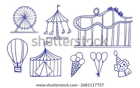 hand drawn Amusement park themes vector illustration elements set, including Ferris wheel, roller coaster, hot air balloon, ice cream, swing carousel ride, clown and balloon, circus tent.