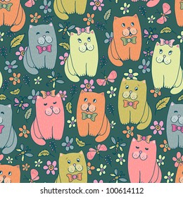 Hand drawn amusing little kitten on meadow vector seamless pattern. Made in  clear and cheerful tones