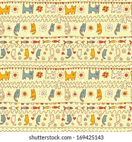 Hand drawn amusing seamless pattern with cats. Cheerful and bright endless background