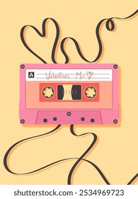 Hand drawn analog cassette tape with lettering. Retro vintage audio music tape on yellow background with heart film shaped tape. Valentine's Day design concept for card, banner, advertisement, print