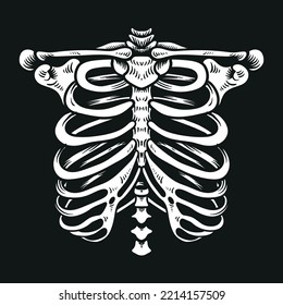 Anatomía dibujada a mano. Partes del cuerpo humano vectorial, huesos. Coja jaula o huesos torácicos. Usar para afiche de Haloween, camiseta, etc. 