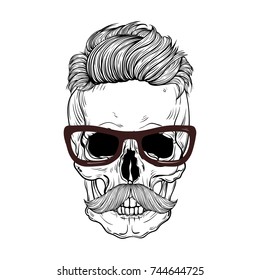 hand drawn anatomy skull with mustache and hair . Vector