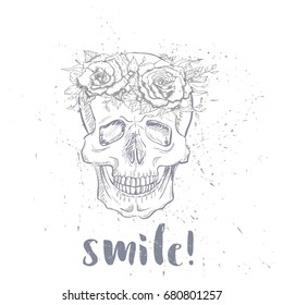 hand drawn anatomy skull with roses. 