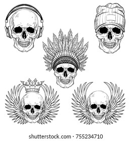 hand drawn anatomy skull set with cap, warbonnet, headphones, wings, crown . Vector