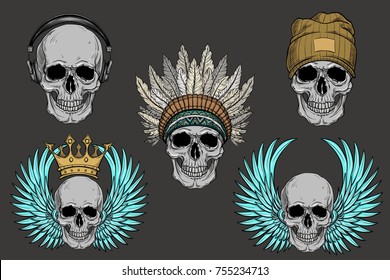 hand drawn anatomy skull set with cap, warbonnet, headphones, wings, crown . Vector