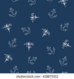 Hand drawn anchor on dark blue background seamless pattern. Nautical theme for surface design, wrapping paper, fabric printing