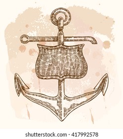 Hand drawn anchor on vintage background. Vector sketch illustration.